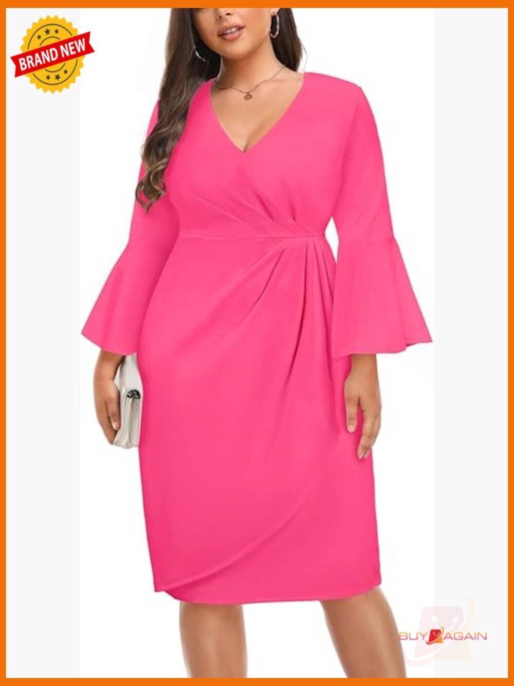 Plus Size Work Dress V Neck Bell Sleeve Ruched Pencil Dress